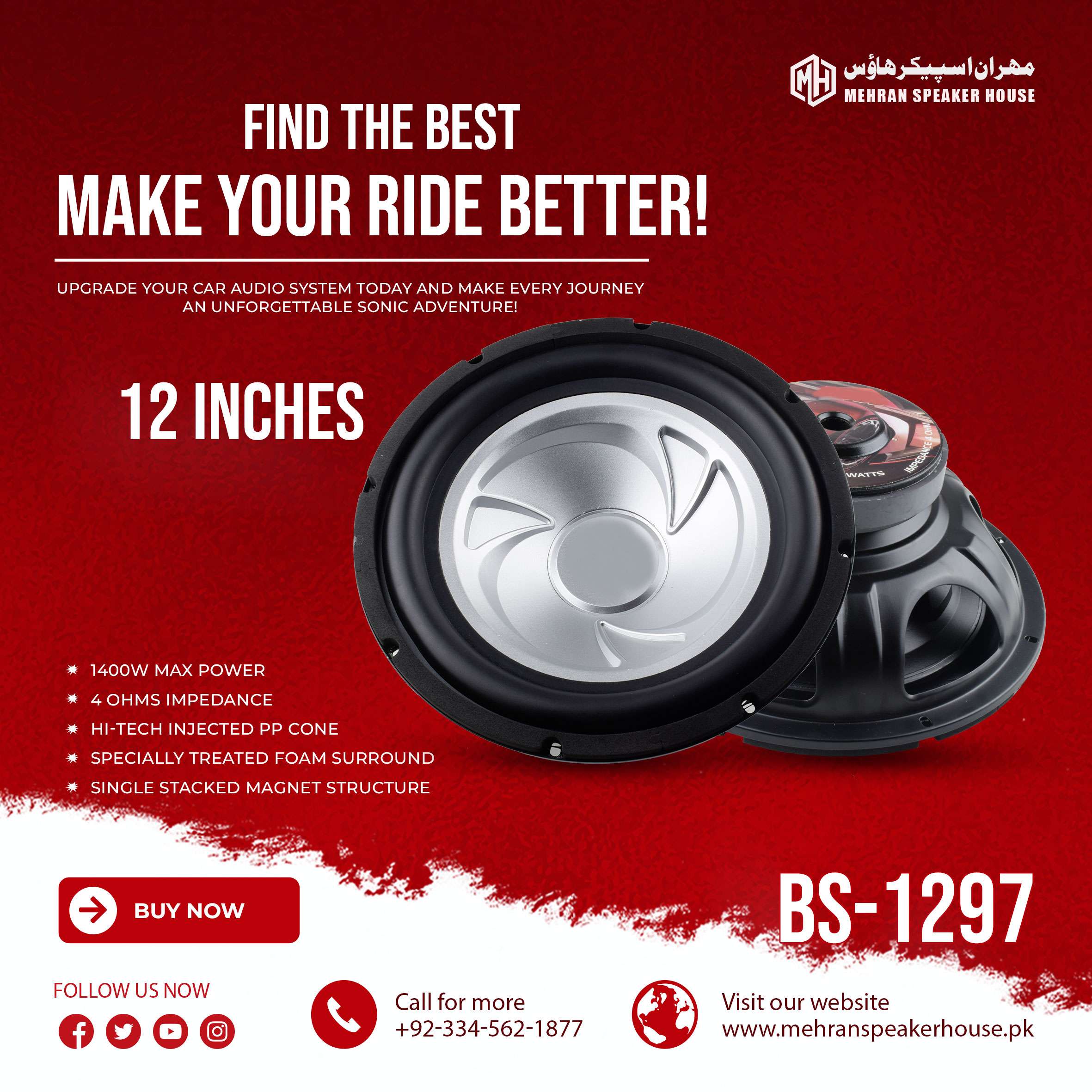 BS-1297.jpg Mehran Speaker BS-1297 12-Inch Subwoofer - 1400W Max Power - 4 Ohms - Image 1