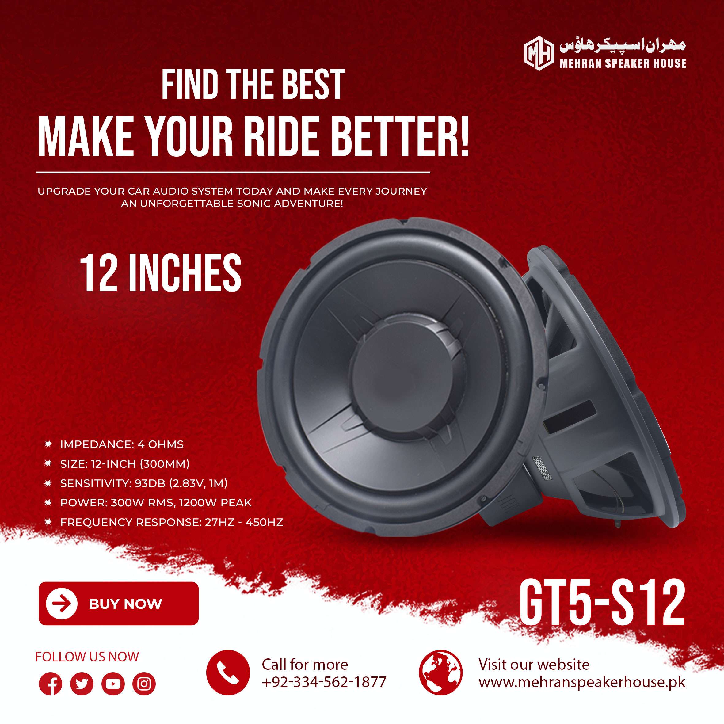 GT5-S12.jpg Mehran Speakers GT5-S12 - 12-Inch Car Audio Subwoofer - 1200W Peak Power - Image 1