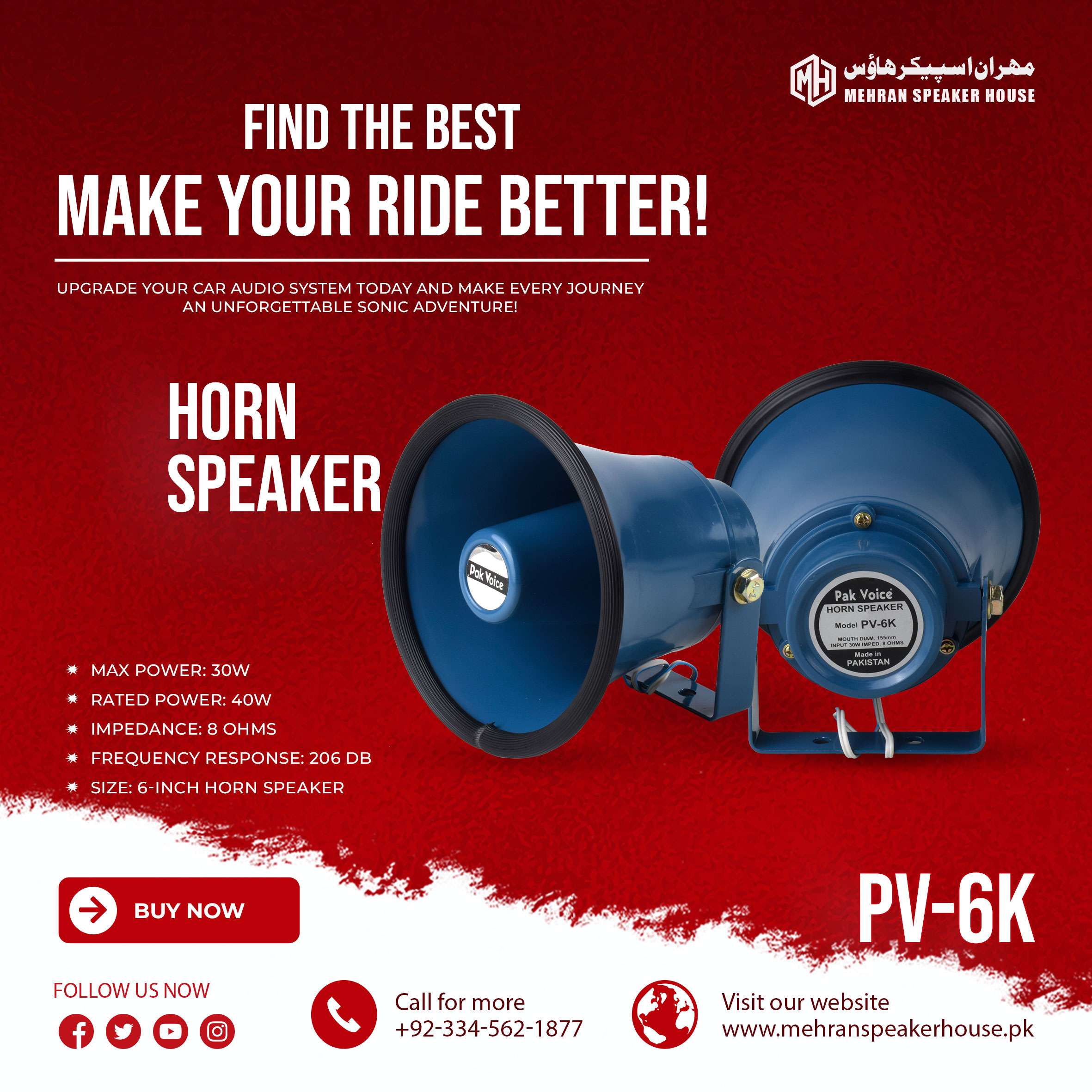 PV-6K.jpg Pak Voice PV-6K 6-Inch Horn Speaker - 40W Rated Power - 30W Max Power - 8 Ohms - Image 1