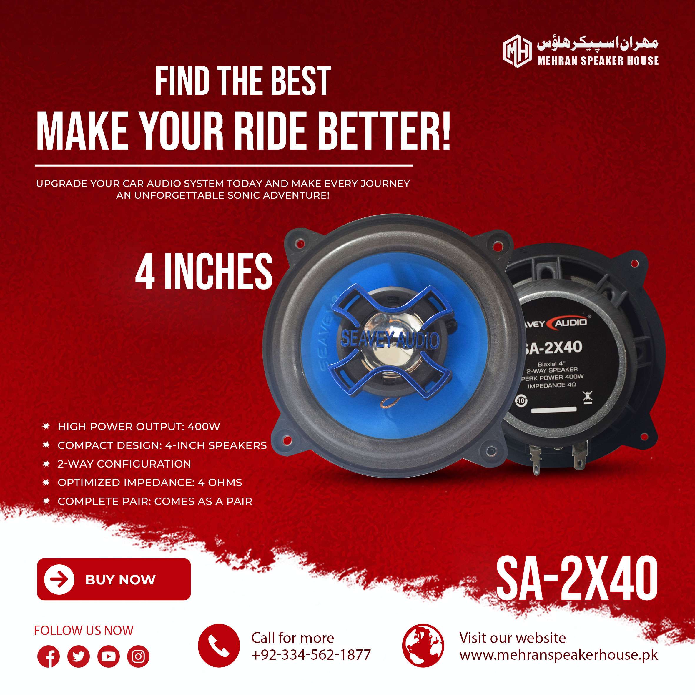 SA-2X40.jpg Seavey Audio SA-2X40 4" 2-Way Speaker - 400W Peak Power - 4 Ohms - Image 1