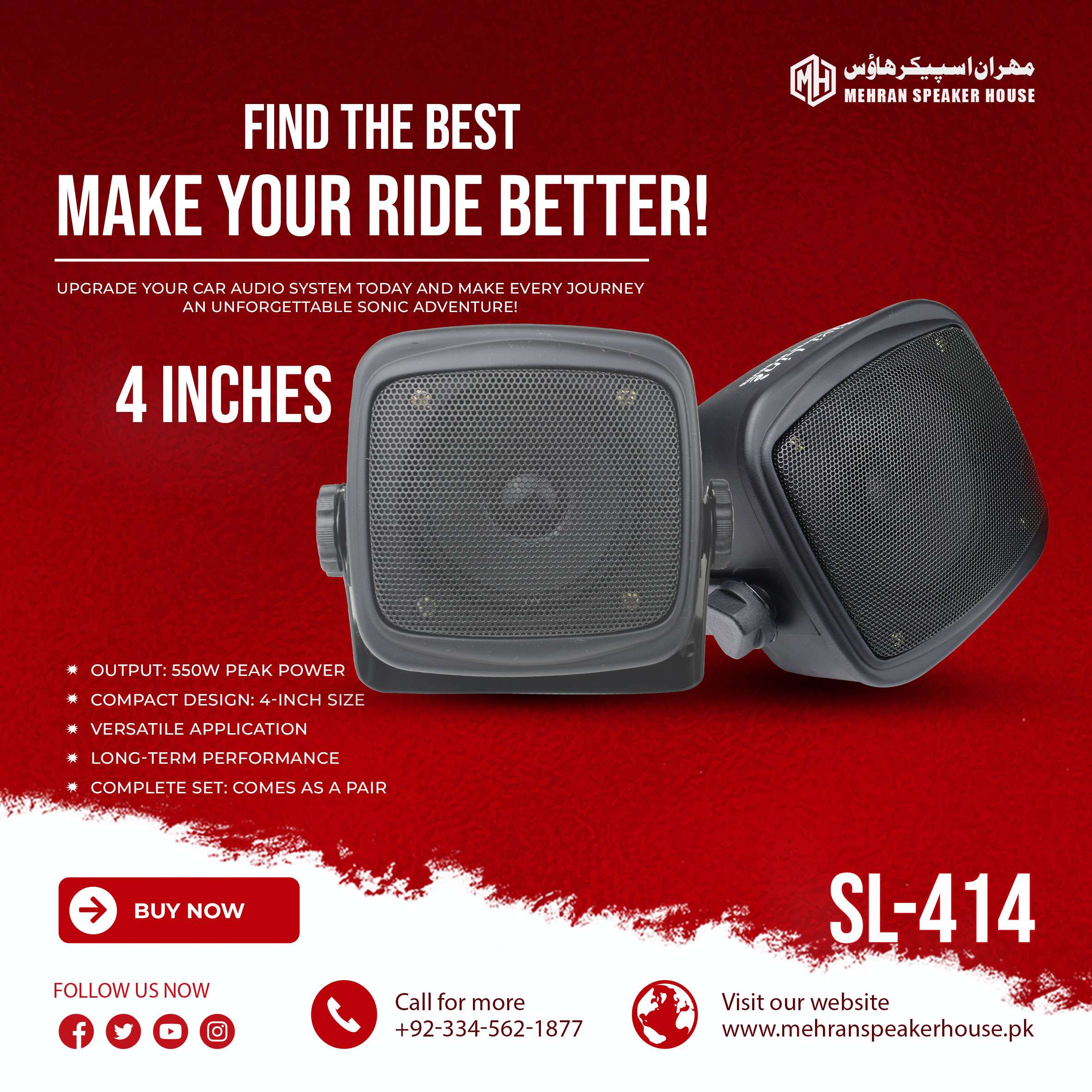 SL-414.jpg Sivi Line SL-414 4-Inch Rear Mounting Speaker - 550W - One Pair for Car and Home - Image 1