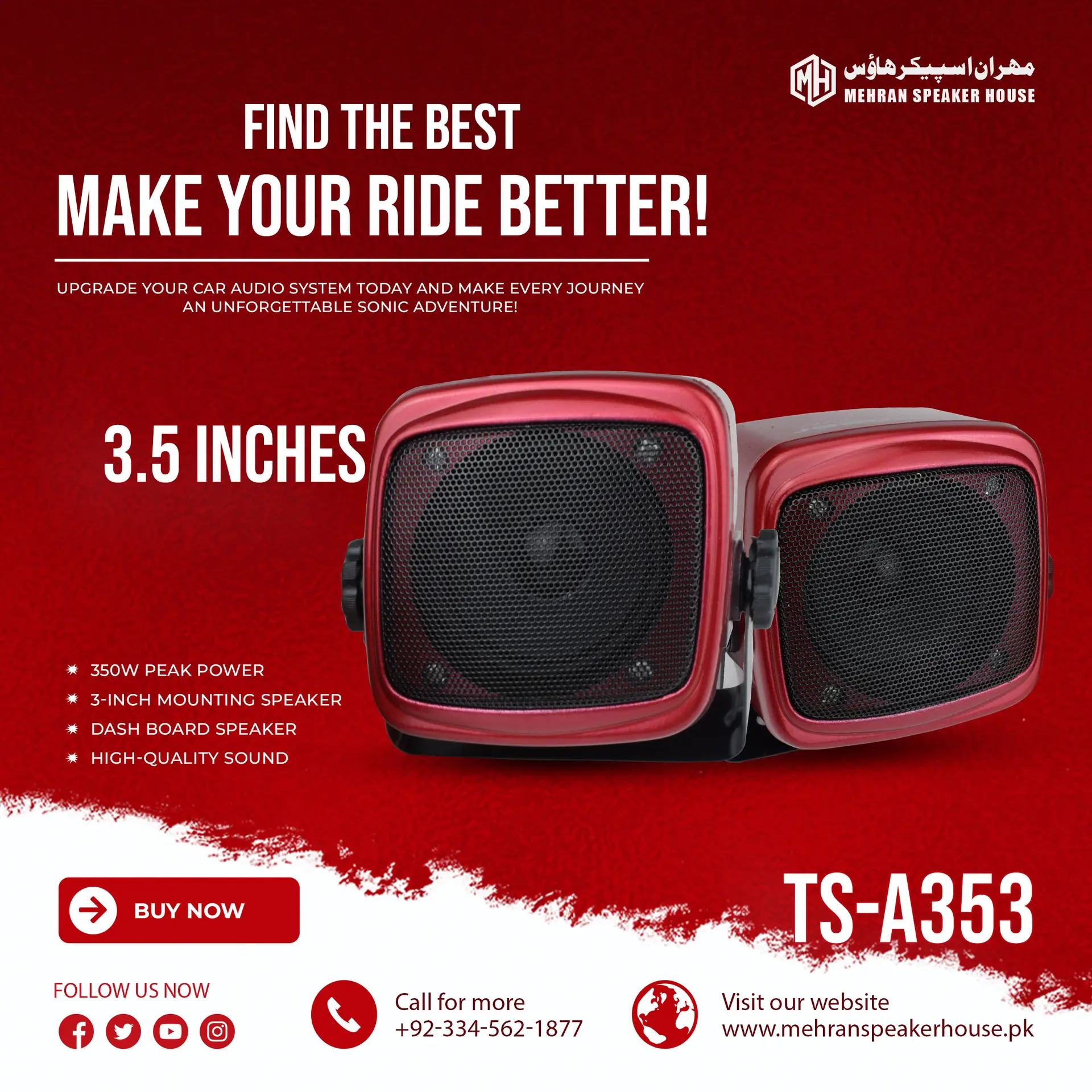 TS-A353.webp Mehran Speakers TS-A353 Dash Board Speakers - 350W - Red - Image 1