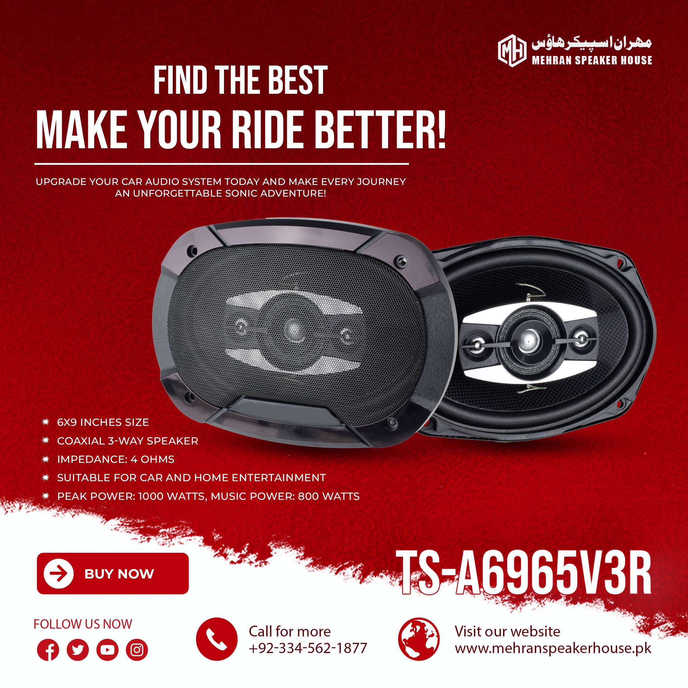 TS-A6965V3R.jpg Mehran Car Speaker TS-A6965V3R - 6x9 Inches Coaxial 3-Way Speaker - 1000 Watt Peak Power - Image 1