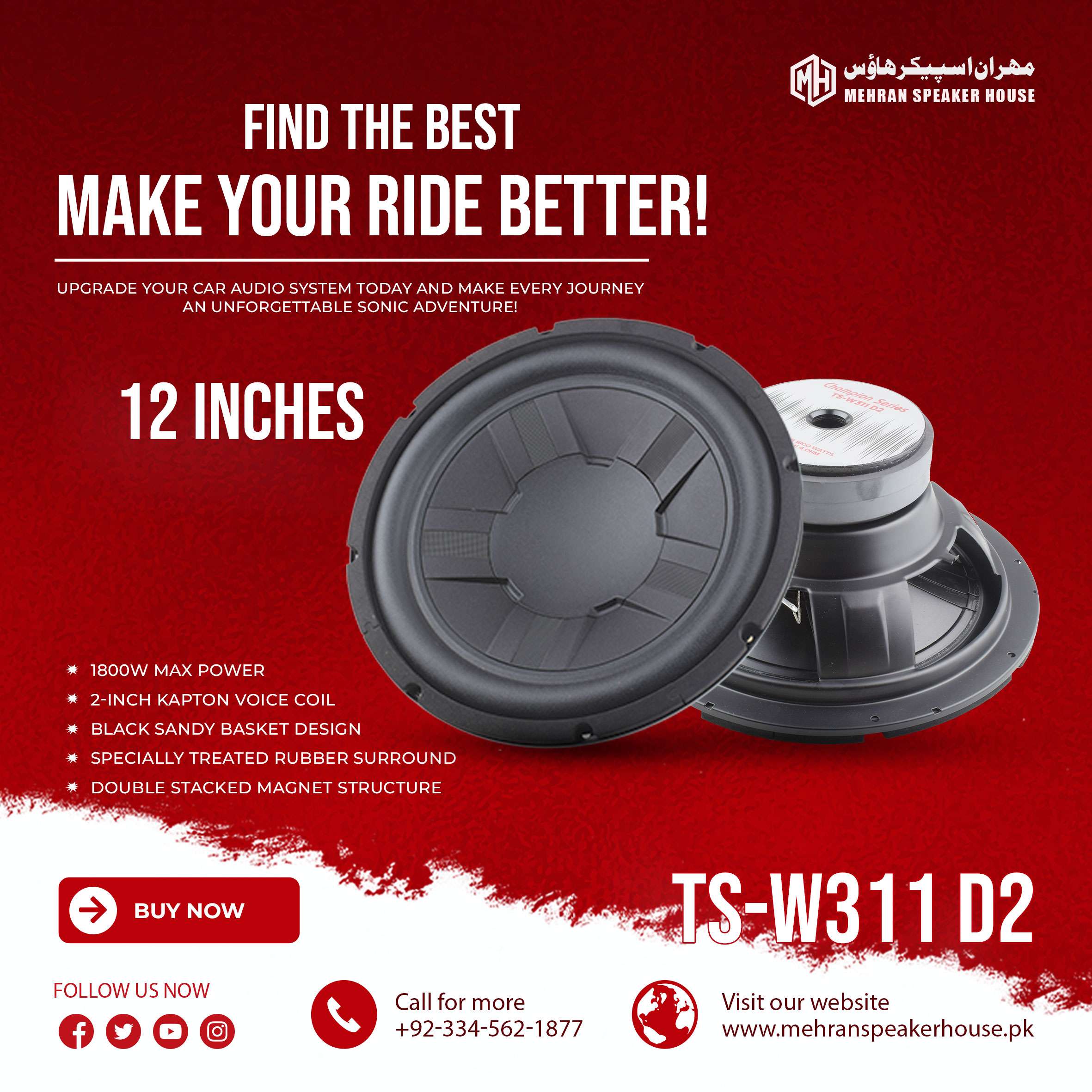TS-W311-D2.jpg Mehran Speaker TS-W311 D2 12-Inch Subwoofer - 1800W Max Power - 4 Ohms - Image 1